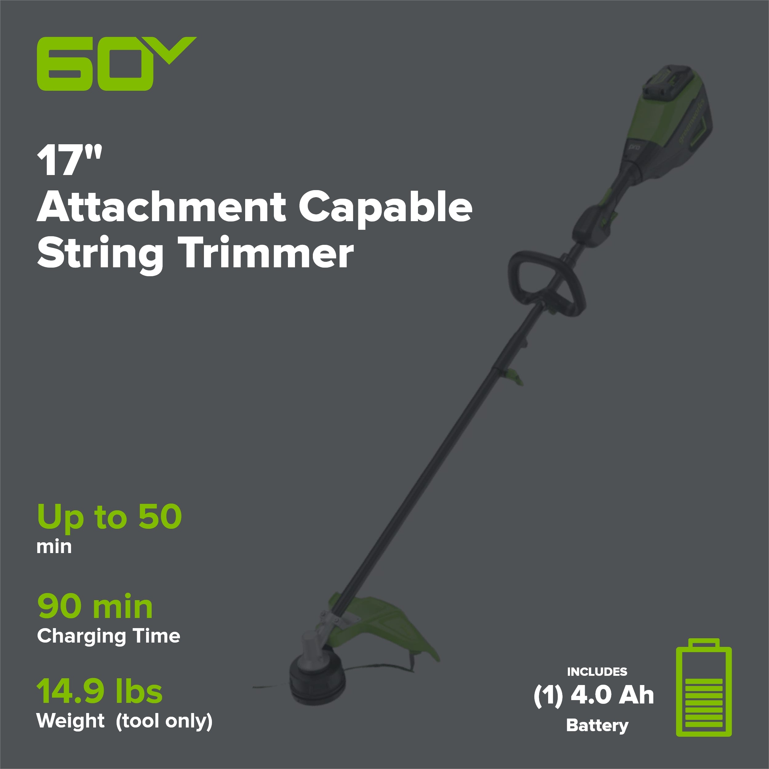 60V 17" Cordless Battery Brushless Attachment Capable String Trimmer: 4.0 Ah Battery and Charger