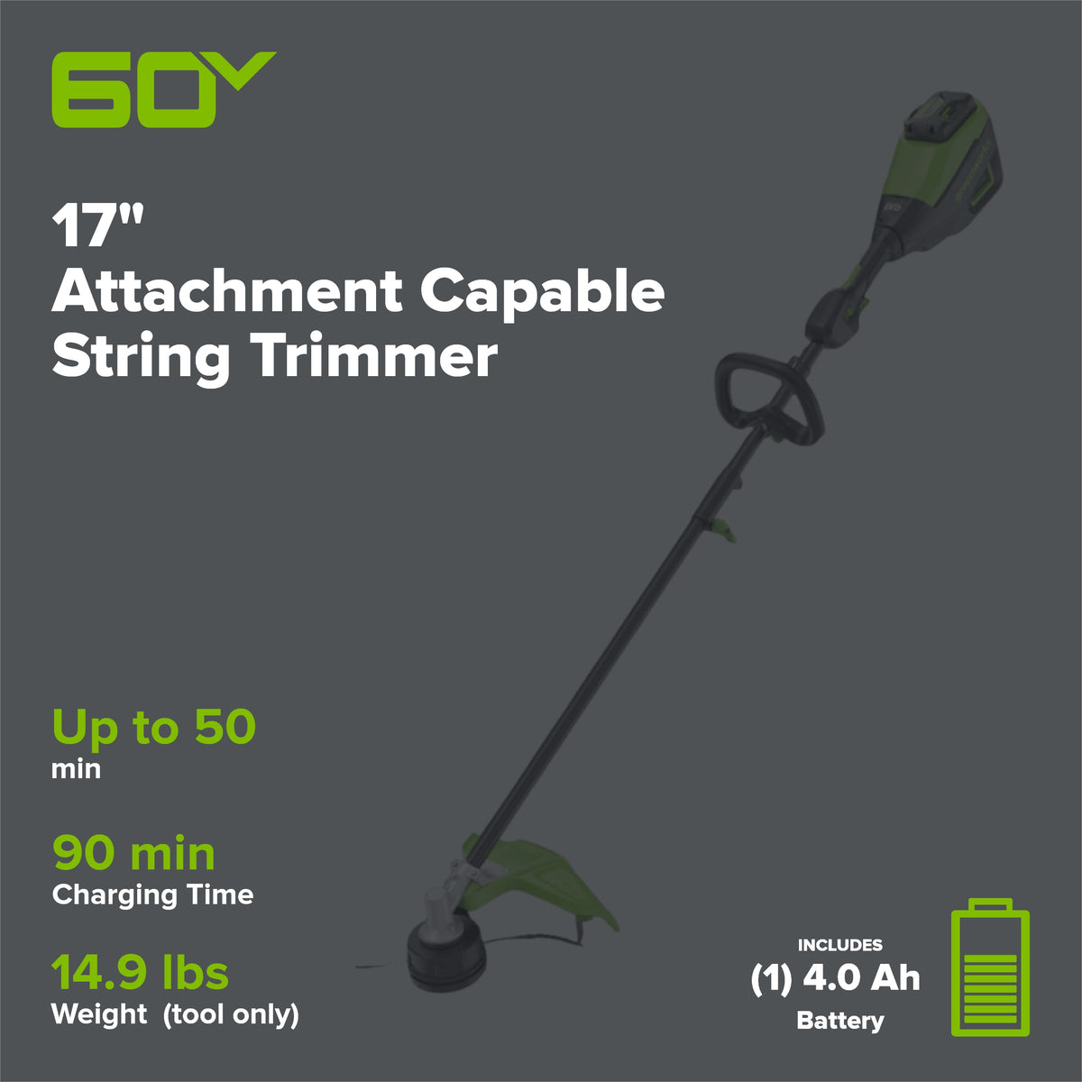 60V 17" Cordless Battery Brushless Attachment Capable String Trimmer: 4.0 Ah Battery and Charger
