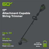 60V 17" Cordless Battery Brushless Attachment Capable String Trimmer: 4.0 Ah Battery and Charger