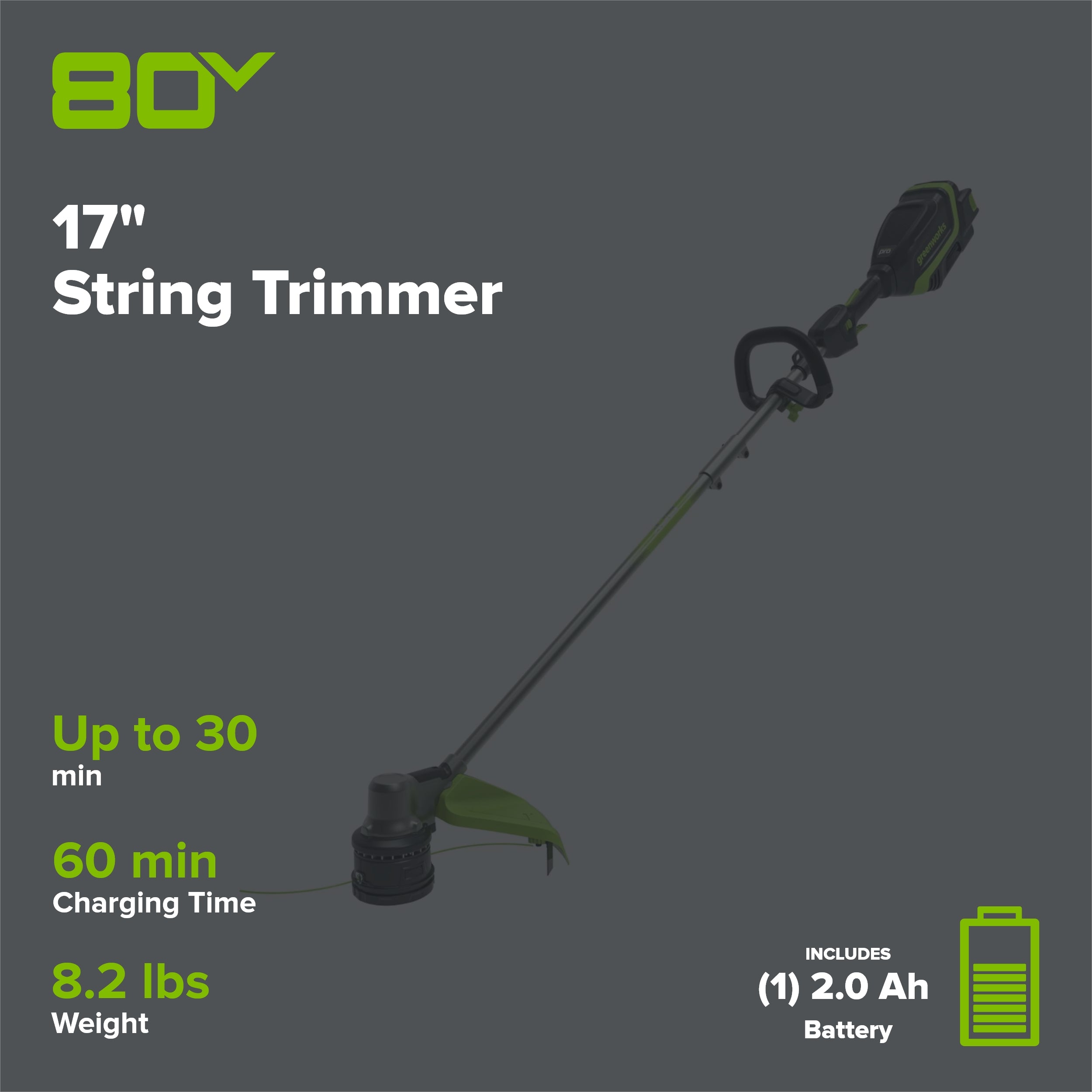 RENEWED 80V 17" Brushless String Trimmer: 2.0 Ah Battery and Charger