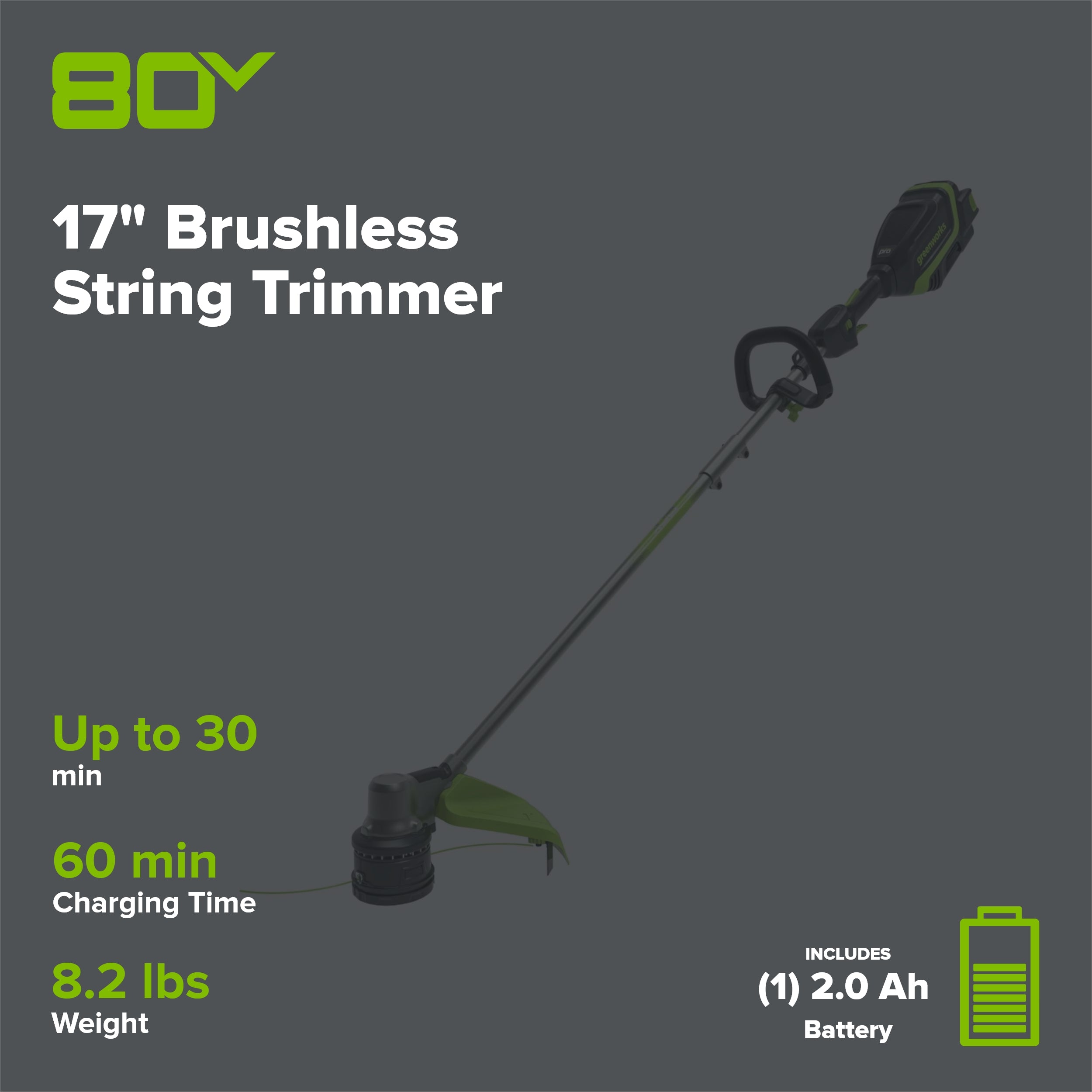 OPEN BOX 80V 17" Brushless String Trimmer Shoulder Strap, Precut Line included: 2.0 Ah Battery and Charger
