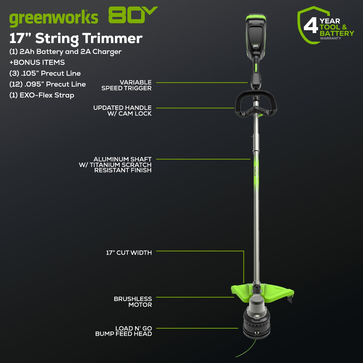 OPEN BOX 80V 17" Brushless String Trimmer Shoulder Strap, Precut  Line included w/ 2.0Ah Battery & Charger