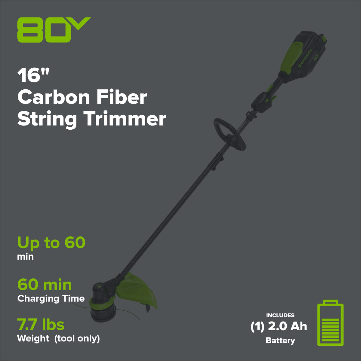 80V Cordless 16" Brushless Carbon Fiber String Trimmer: 2.0 Ah Battery and Charger