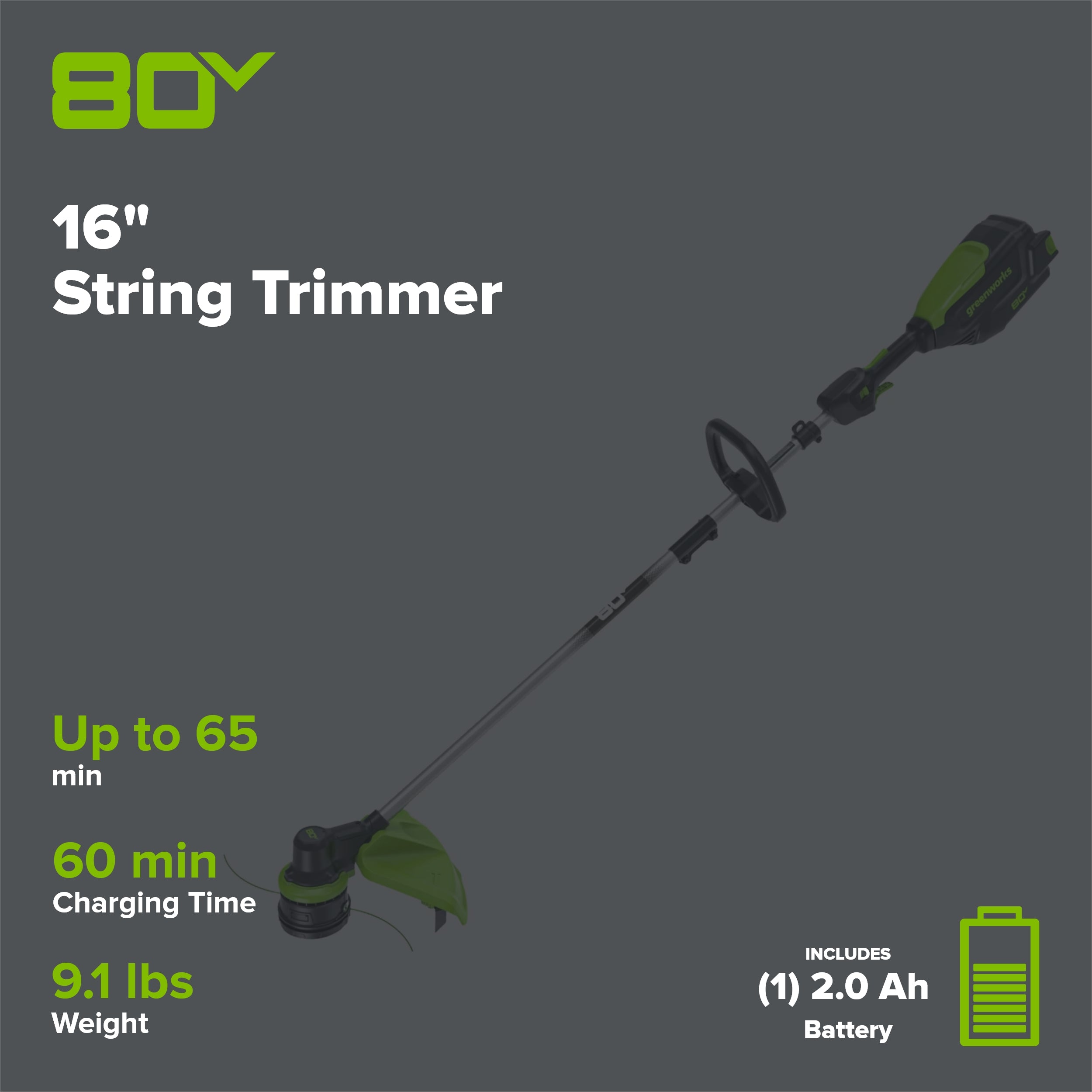80V 16" Cordless Brushless String Trimmer: 2.0 Ah Battery and 2Amp Charger