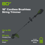 80V 16" Cordless Brushless String Trimmer: 2.0 Ah Battery and 2Amp Charger