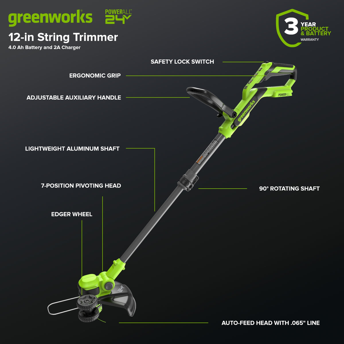 24V 12" Cordless Battery String Trimmer/Edger: 4.0 Ah Battery and Charger