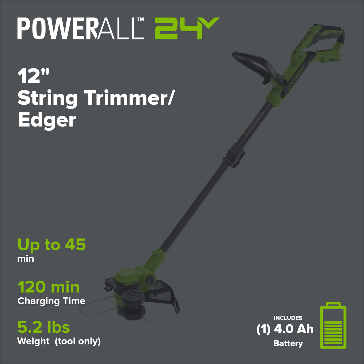 24V 12" Cordless Battery String Trimmer/Edger: 4.0 Ah Battery and Charger