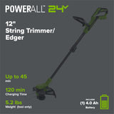 24V 12" Cordless Battery String Trimmer/Edger: 4.0 Ah Battery and Charger