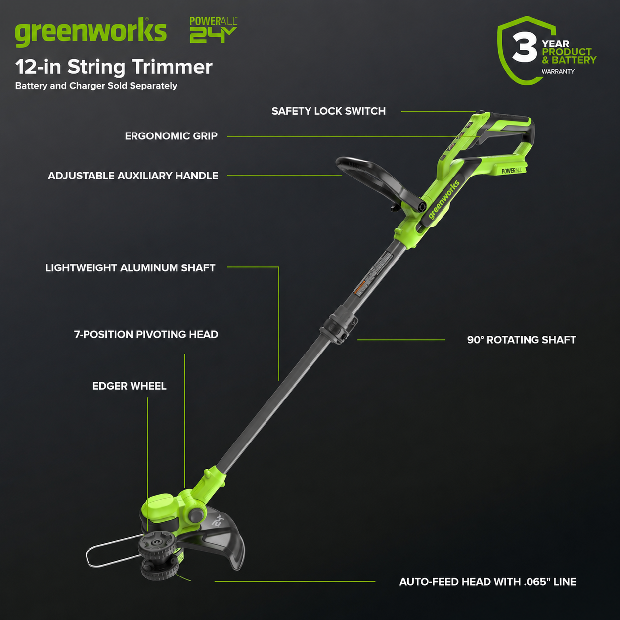 24V 12" Cordless Battery String Trimmer/Edger(Tool Only)