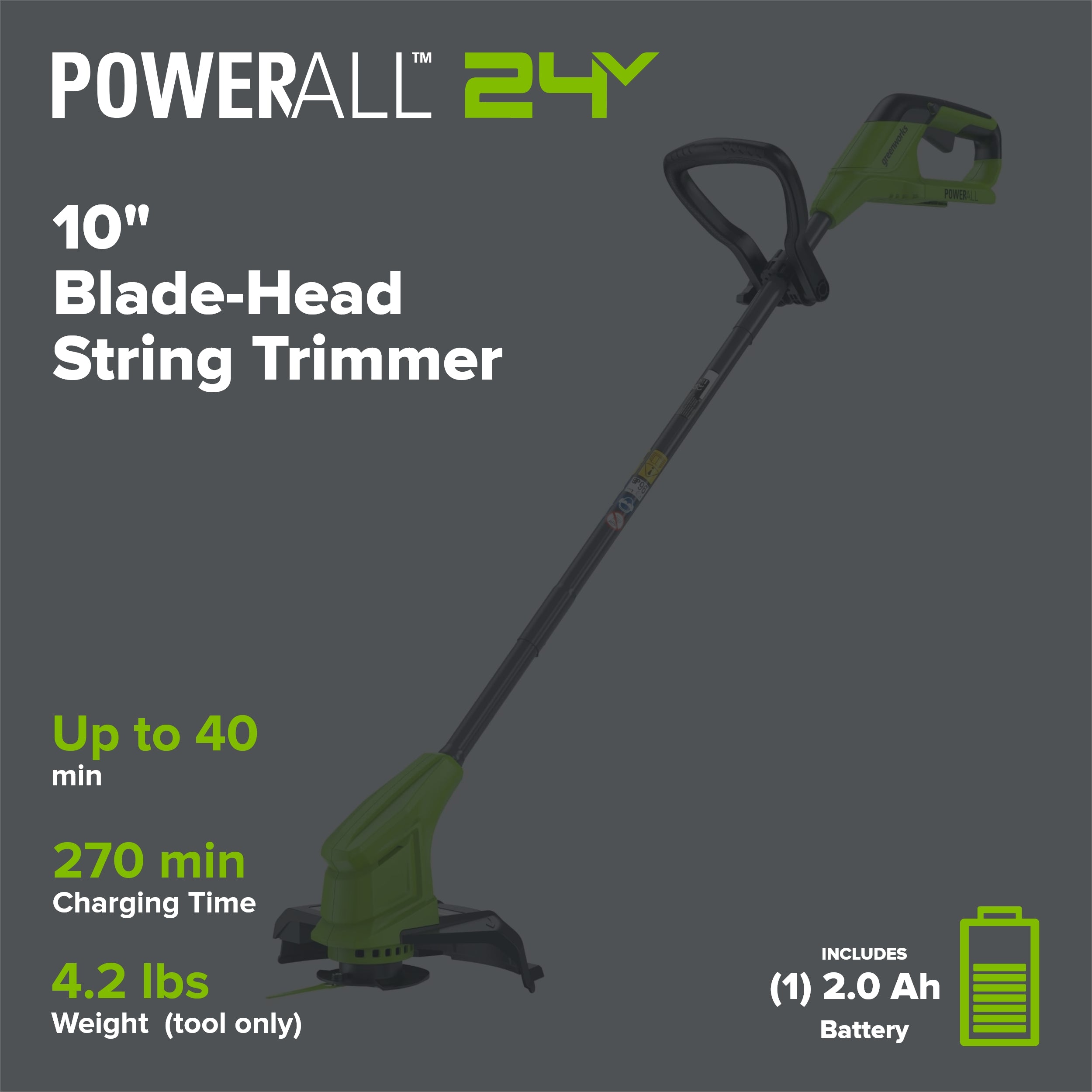 24V 10" Cordless Battery Blade-Head String Trimmer: 2.0 Ah Battery and 0.5A Charger