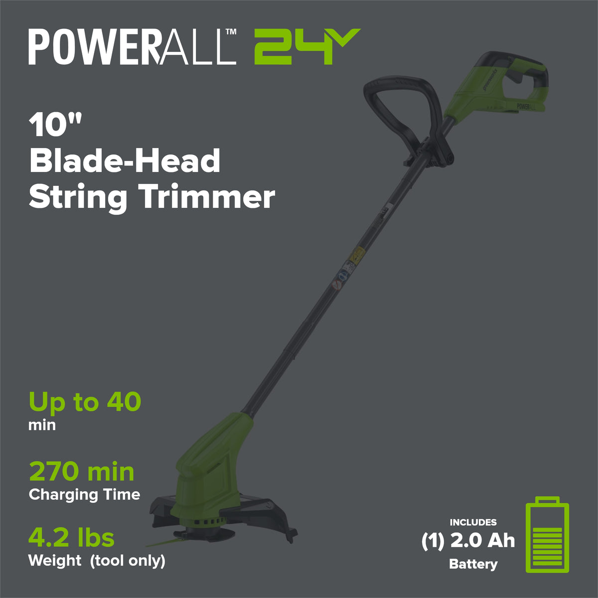 24V 10" Cordless Battery Blade-Head String Trimmer: 2.0 Ah Battery and 0.5A Charger