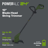 24V 10" Cordless Battery Blade-Head String Trimmer: 2.0 Ah Battery and 0.5A Charger