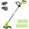 24V 10" Cordless Battery Blade-Head String Trimmer: (1) 2.0 Ah Battery, (1) 0.5A Charger, (20) Plastic Blade