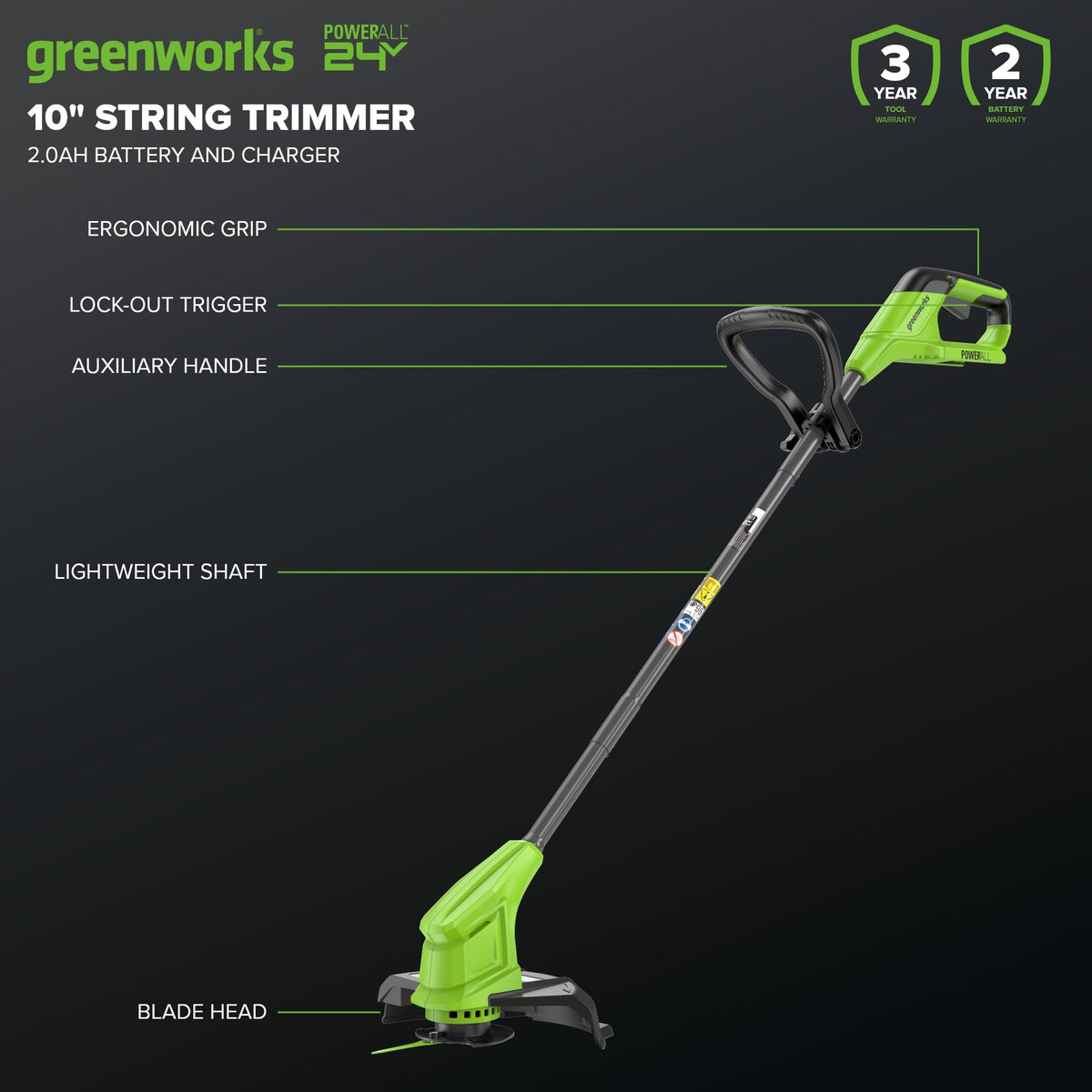 24V 10" Cordless Battery Blade-Head String Trimmer w/ 2.0 Ah Battery & 0.5A Charger