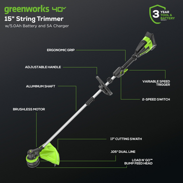 40V 17" Cordless Battery String Trimmer w/ 5.0Ah Battery and 5A Charger