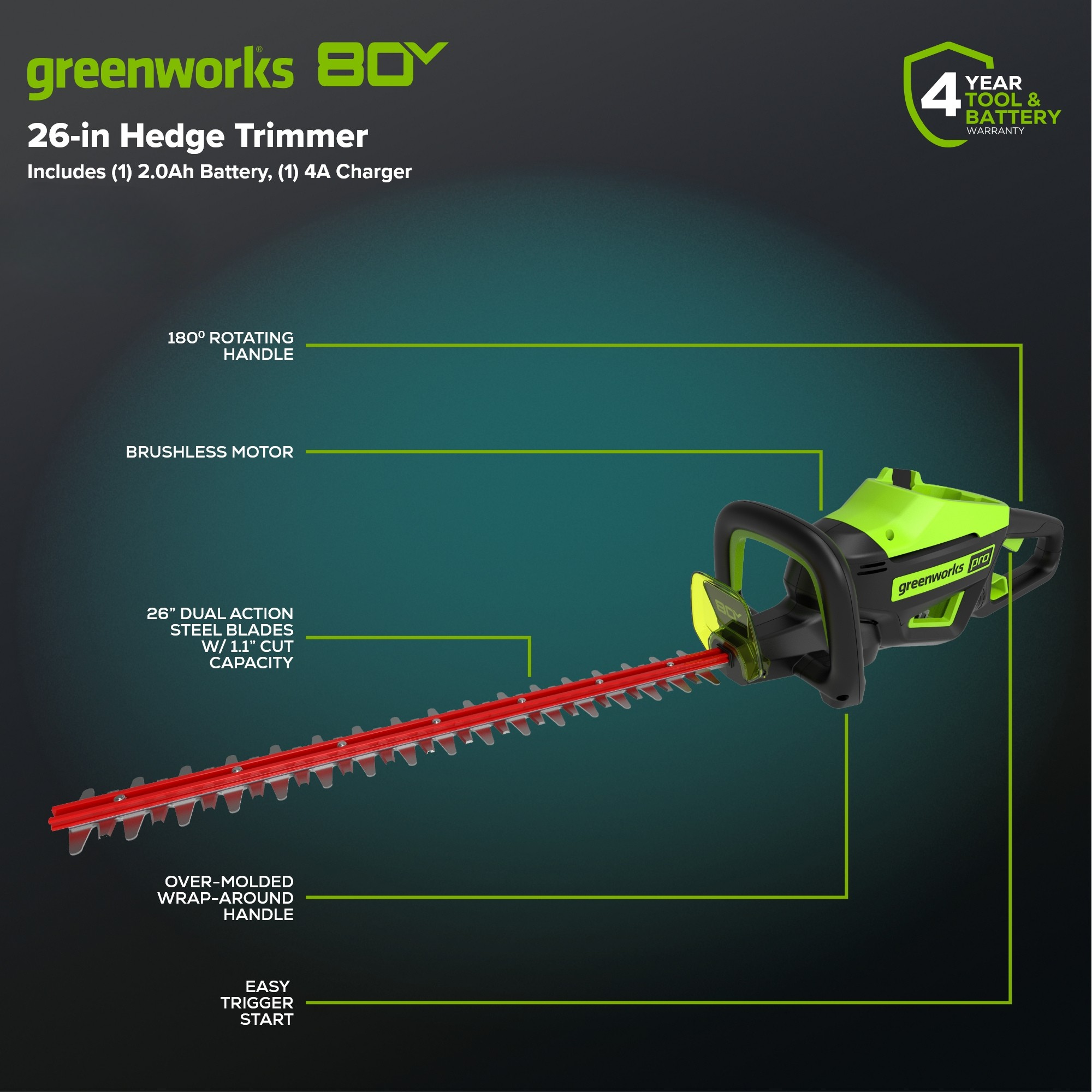 80V 26" Cordless Battery Hedge Trimmer(1.1" cut, 3200 SPM) w/ 2.0Ah Battery & Charger