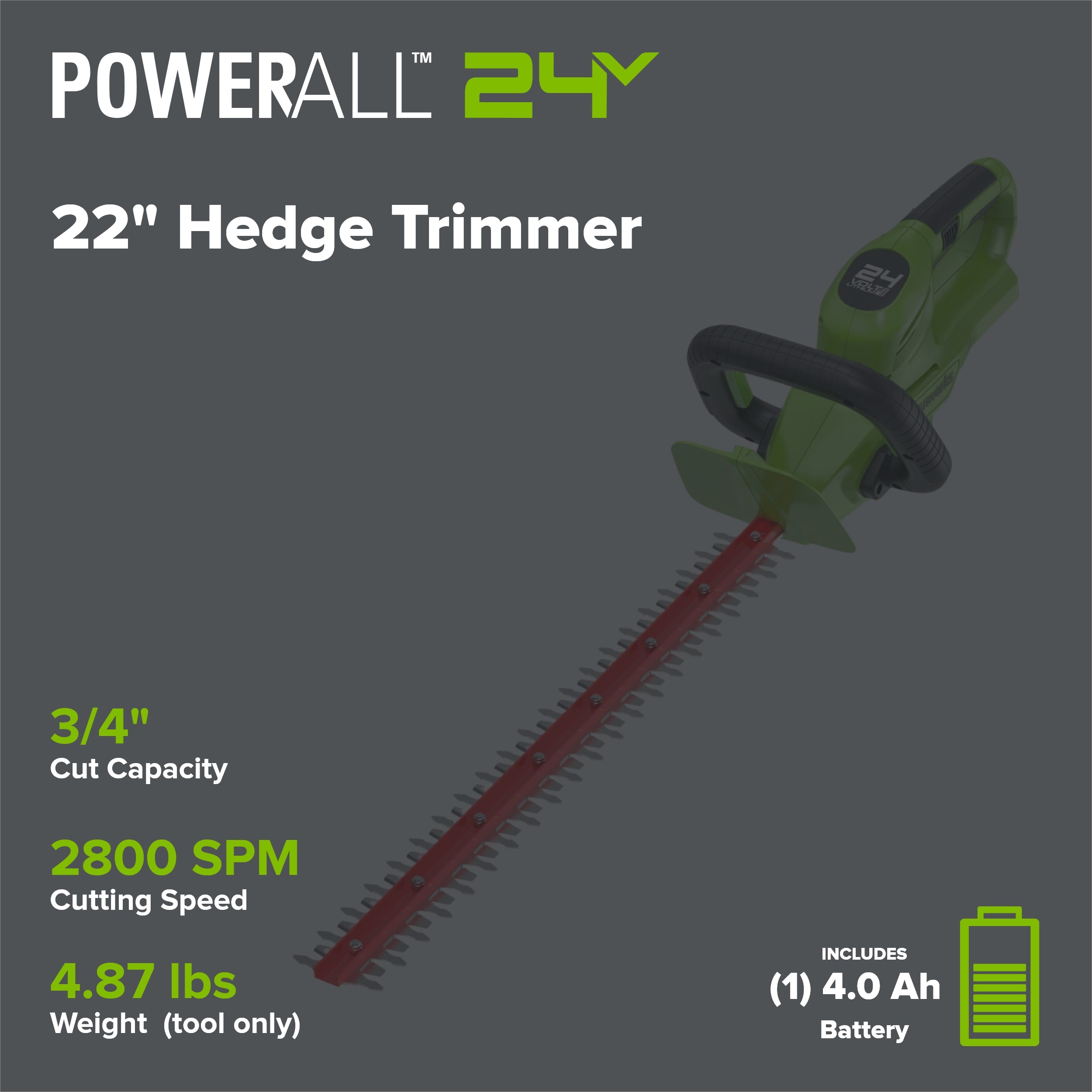 24V 22" Cordless Battery Hedge Trimmer 2800 SPM (Tool Only)