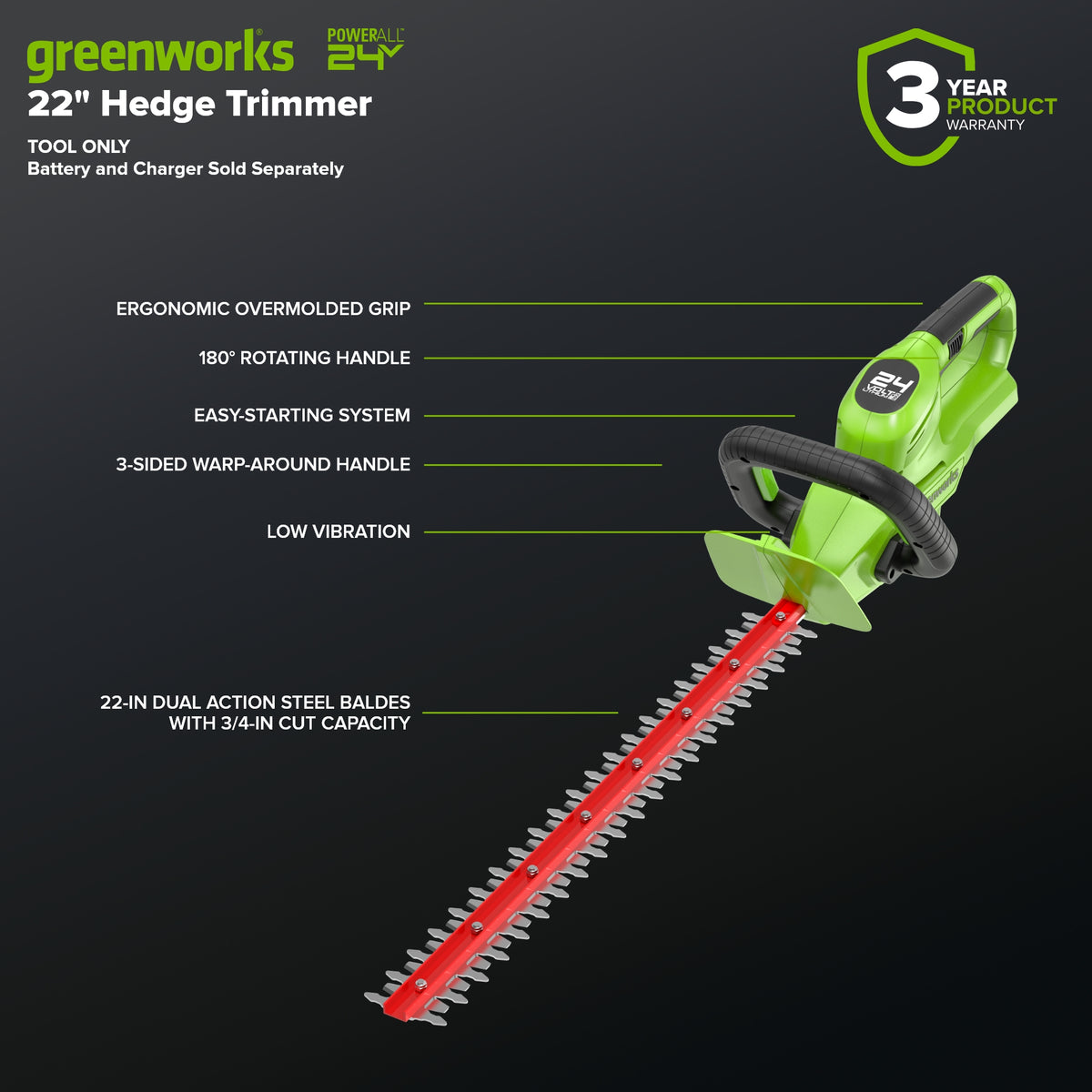 24V 22" Cordless Battery Hedge Trimmer 2800 SPM (Tool Only)