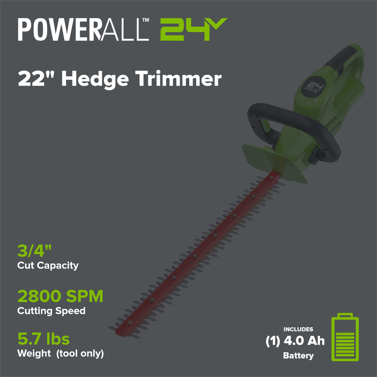 24V 22" Cordless Battery Hedge Trimmer 2800 SPM: 4.0 Ah USB Battery and Charger