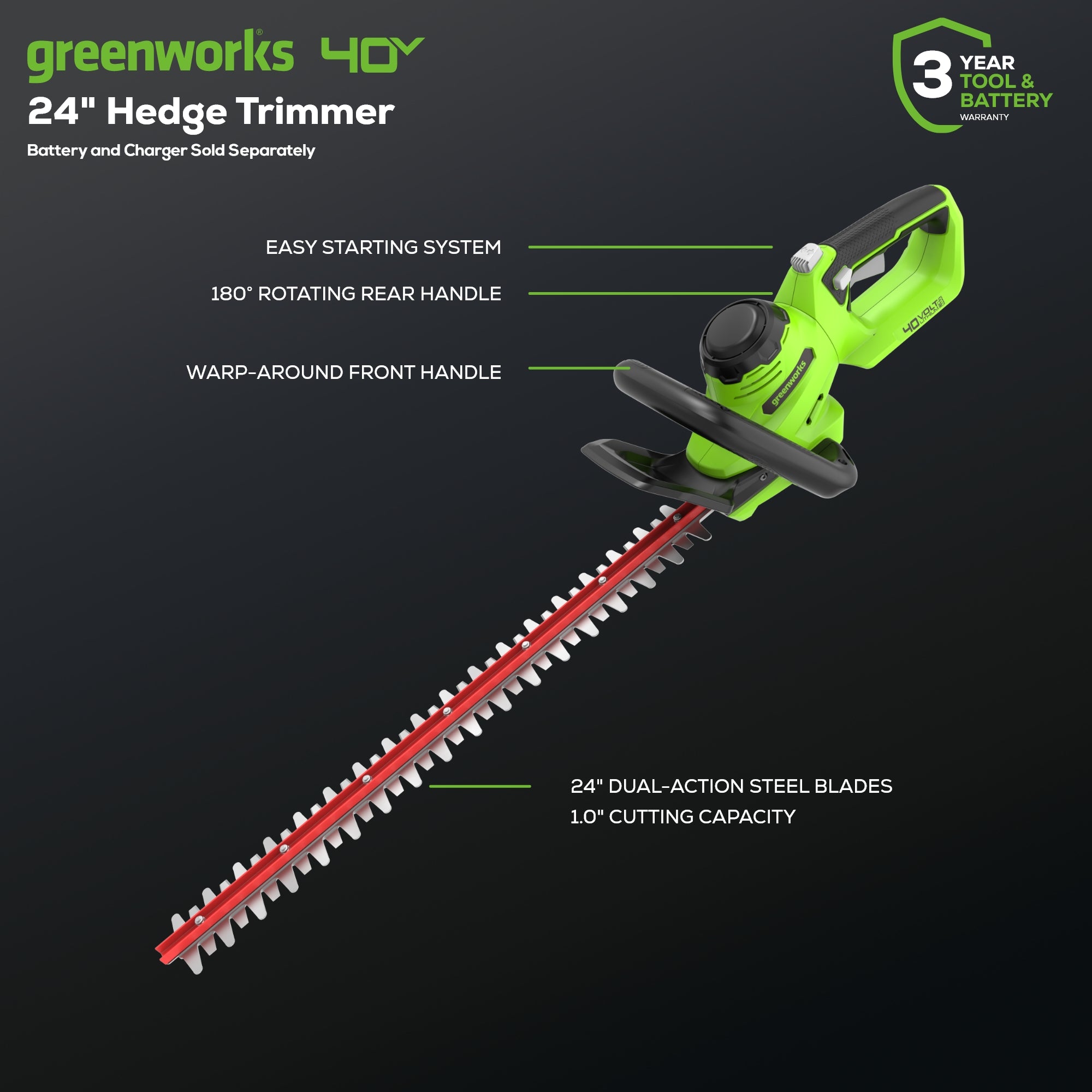 40V 24" Cordless Battery Hedge Trimmer (Tool Only)