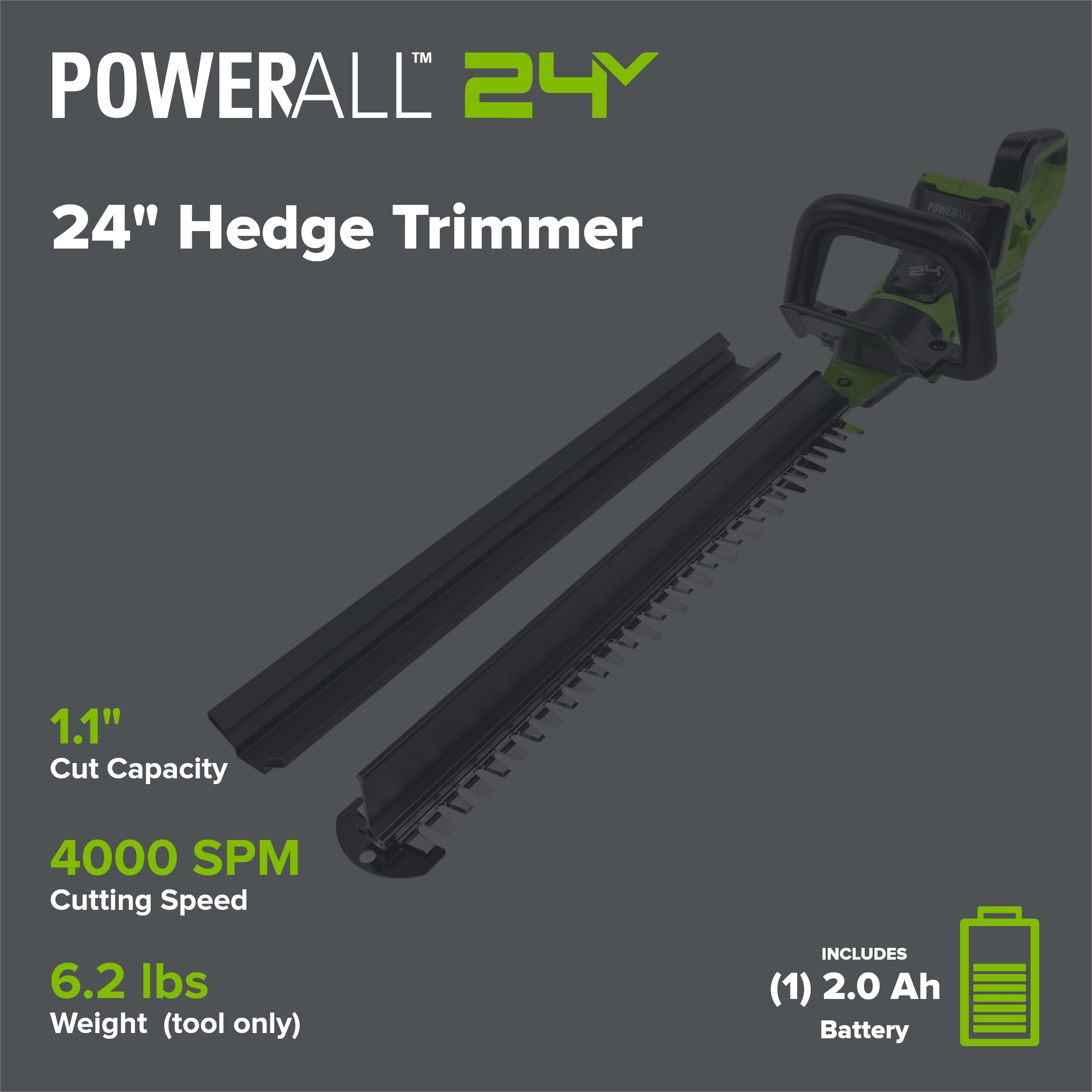 24V 24" Cordless Battery Hedge Trimmer: 2.0 Ah Battery and 2A Charger