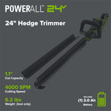 24V 24" Cordless Battery Hedge Trimmer: 2.0 Ah Battery and 2A Charger