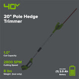 40V 20" Cordless Battery Pole Hedge Trimmer w/ 2.0 Ah Battery & Charger