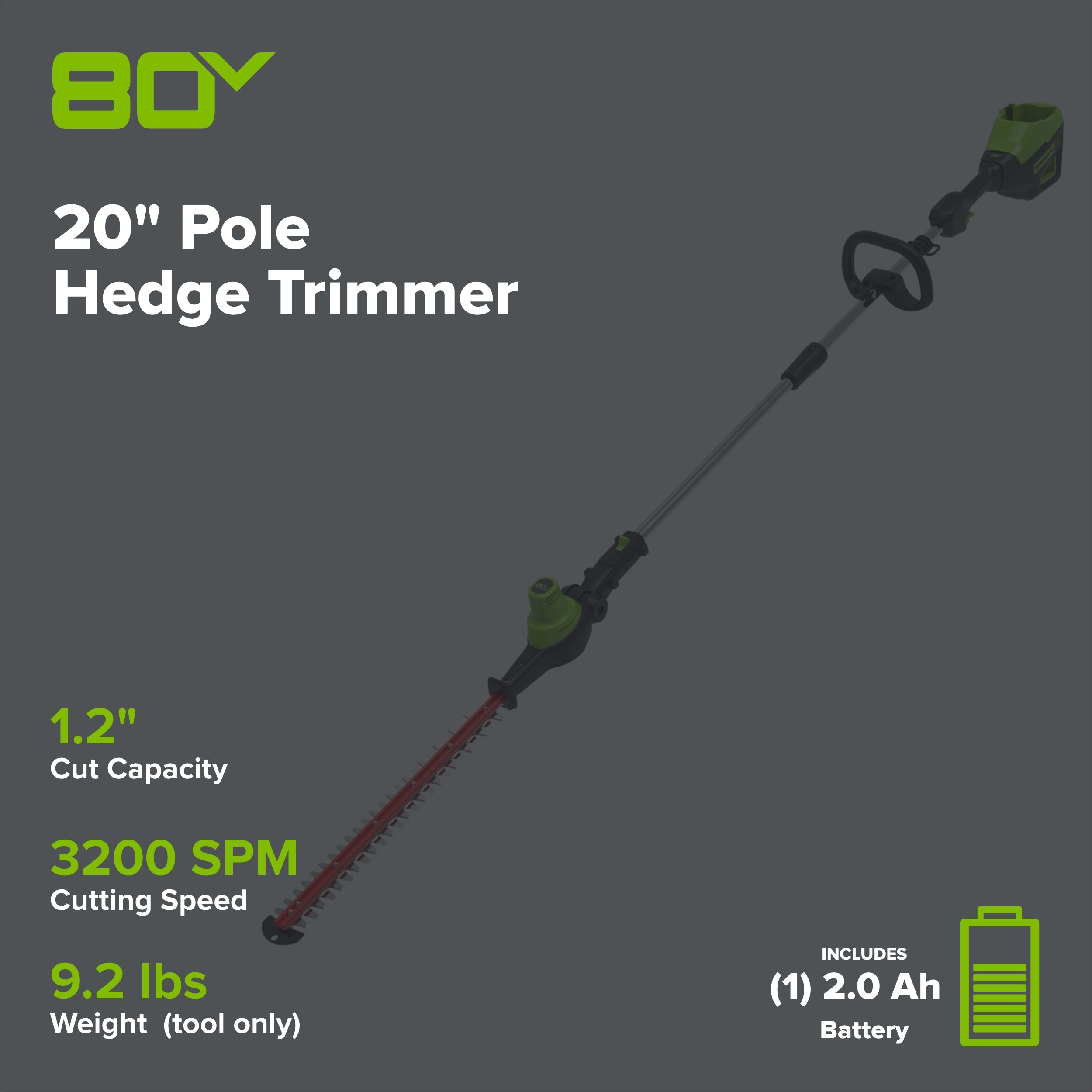 80V 20" Cordless Battery Pole Hedge Trimmer (1.2" cut, 3200 SPM) w/ 2.0Ah Battery & Charger