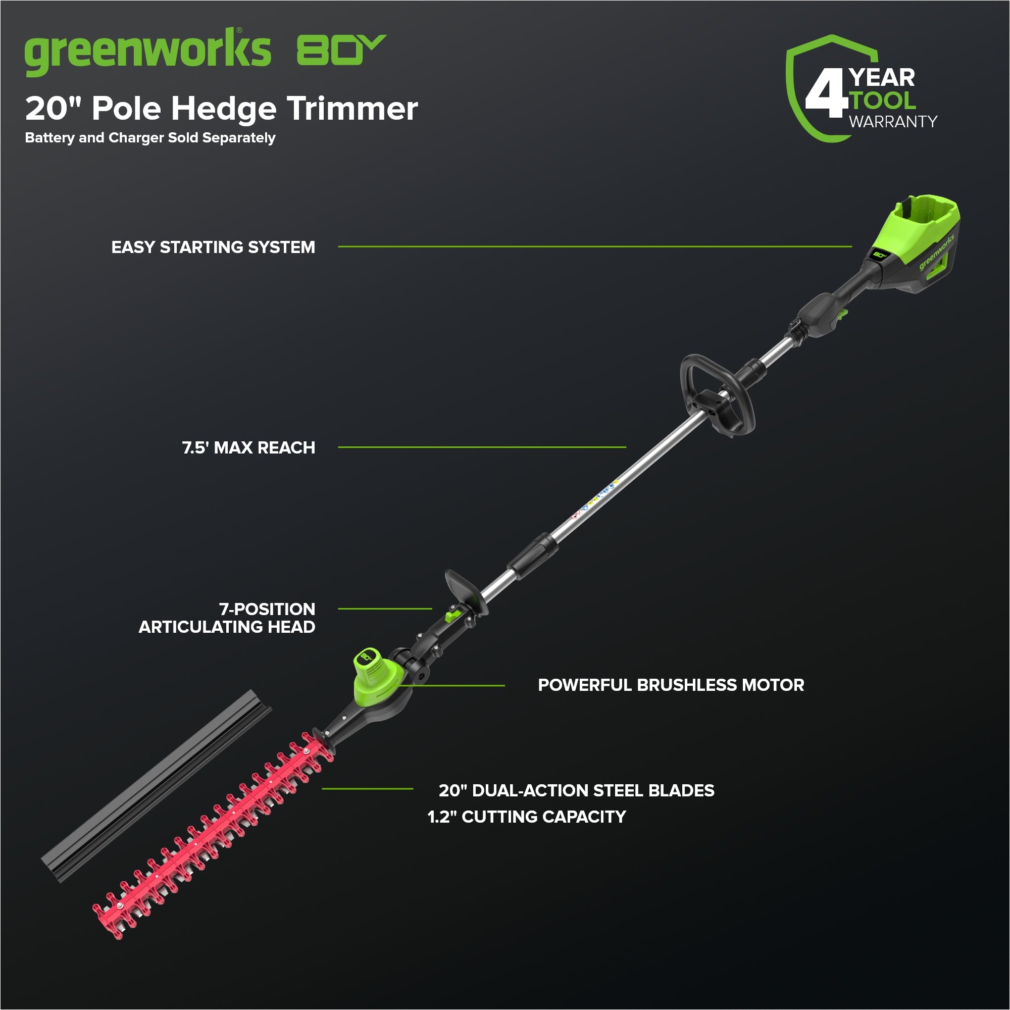 80V 20" Cordless Battery Pole Hedge Trimmer (1.2" cut, 3200 SPM), Tool-Only