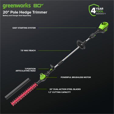 80V 20" Cordless Battery Pole Hedge Trimmer (1.2" cut, 3200 SPM), Tool-Only
