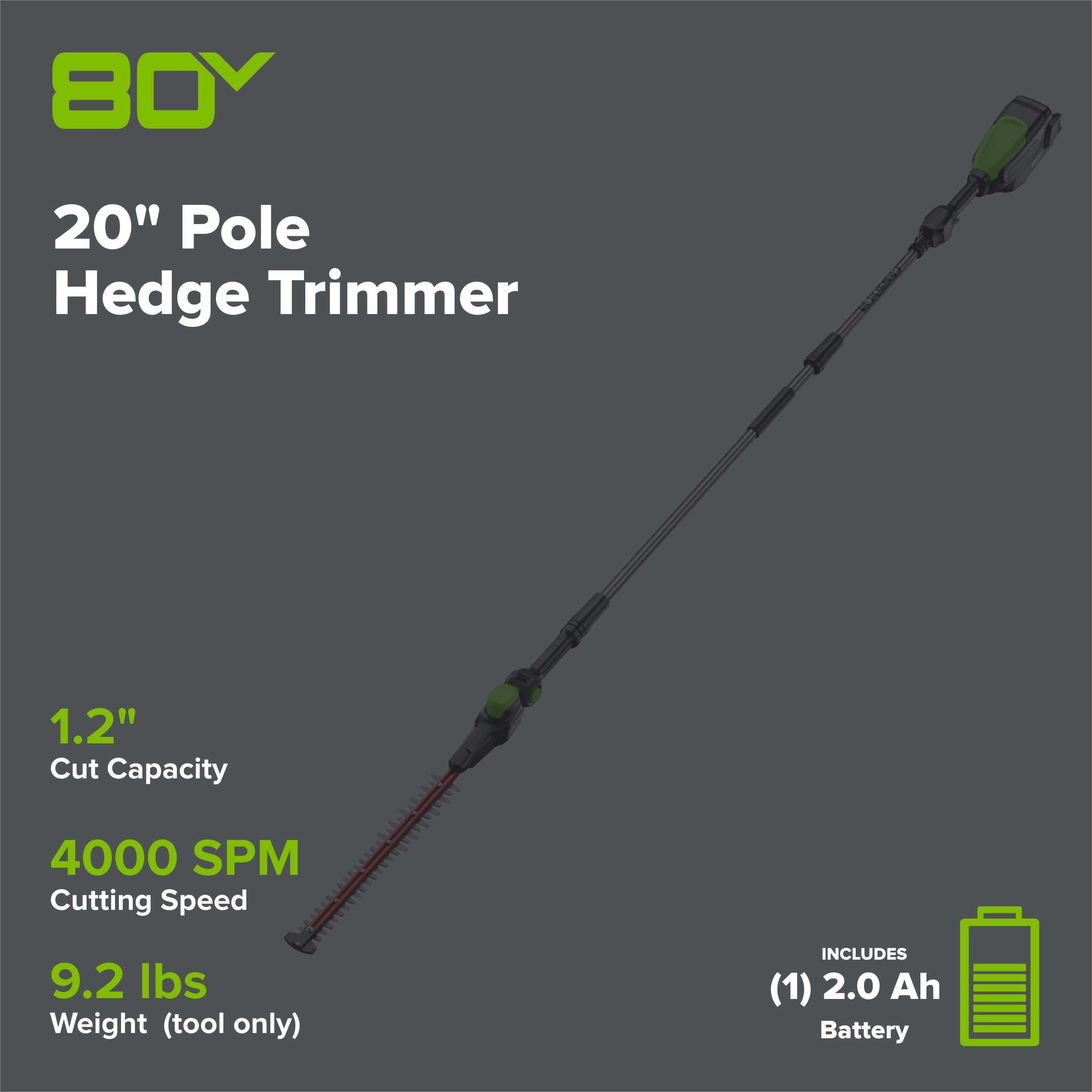 80V 20" Cordless Battery Pole Hedge Trimmer (1.2" cut, 4000 SPM): 2.0 Ah Battery and Charger