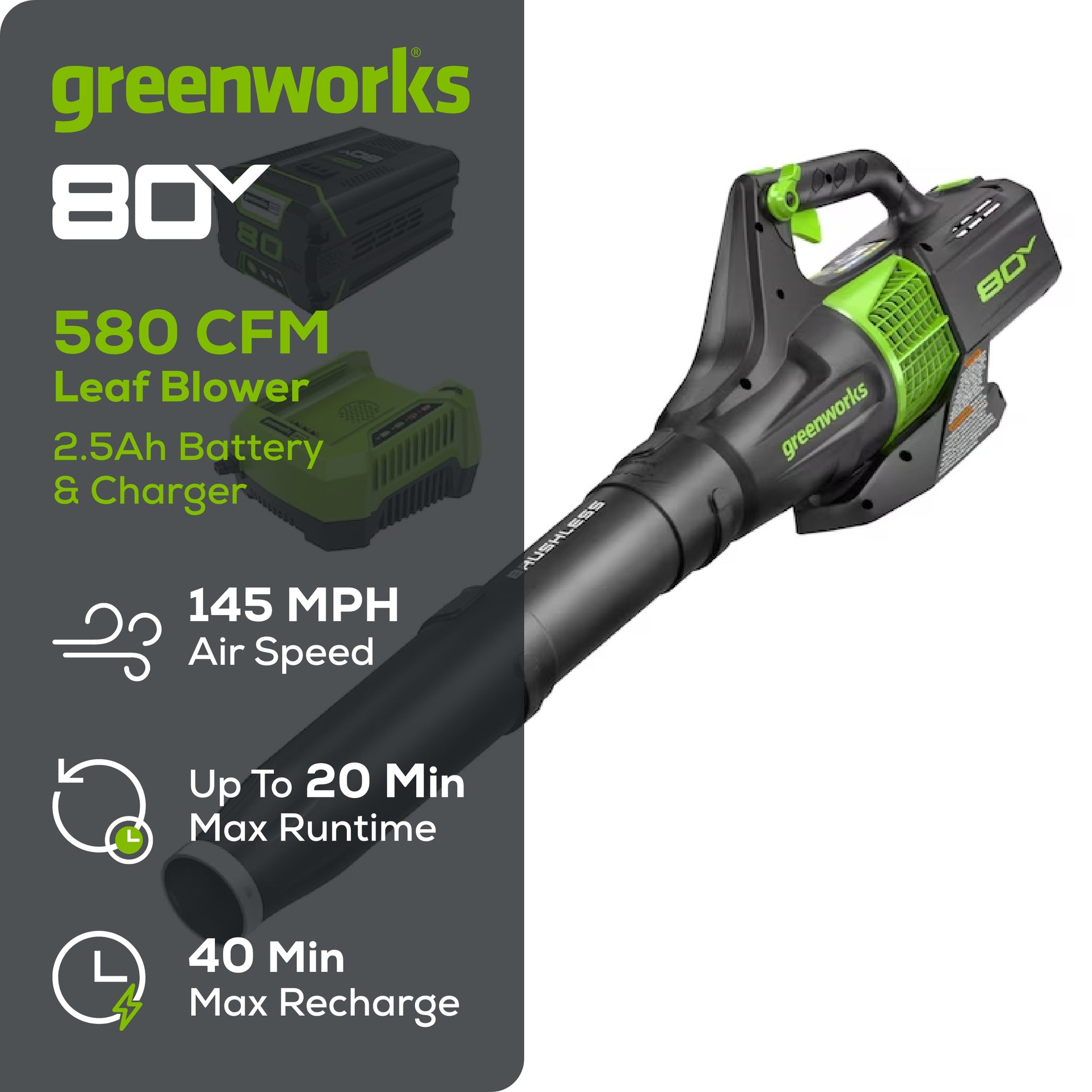 80V Cordless 580 CFM Brushless Leaf Blower w/ 2.5Ah Battery & Charger