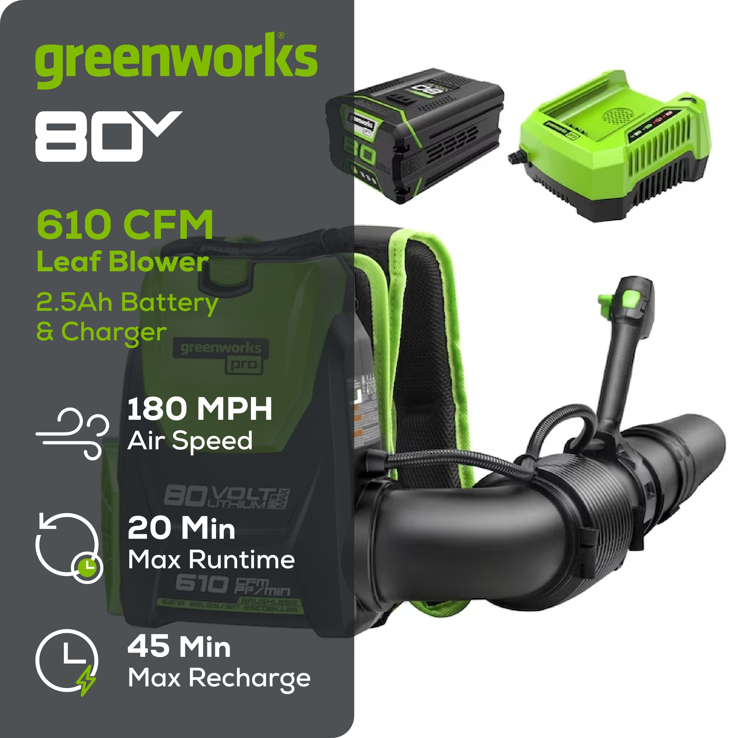 80V 580 CFM Brushless Backpack Blower w/ 2.5Ah Battery & Charger