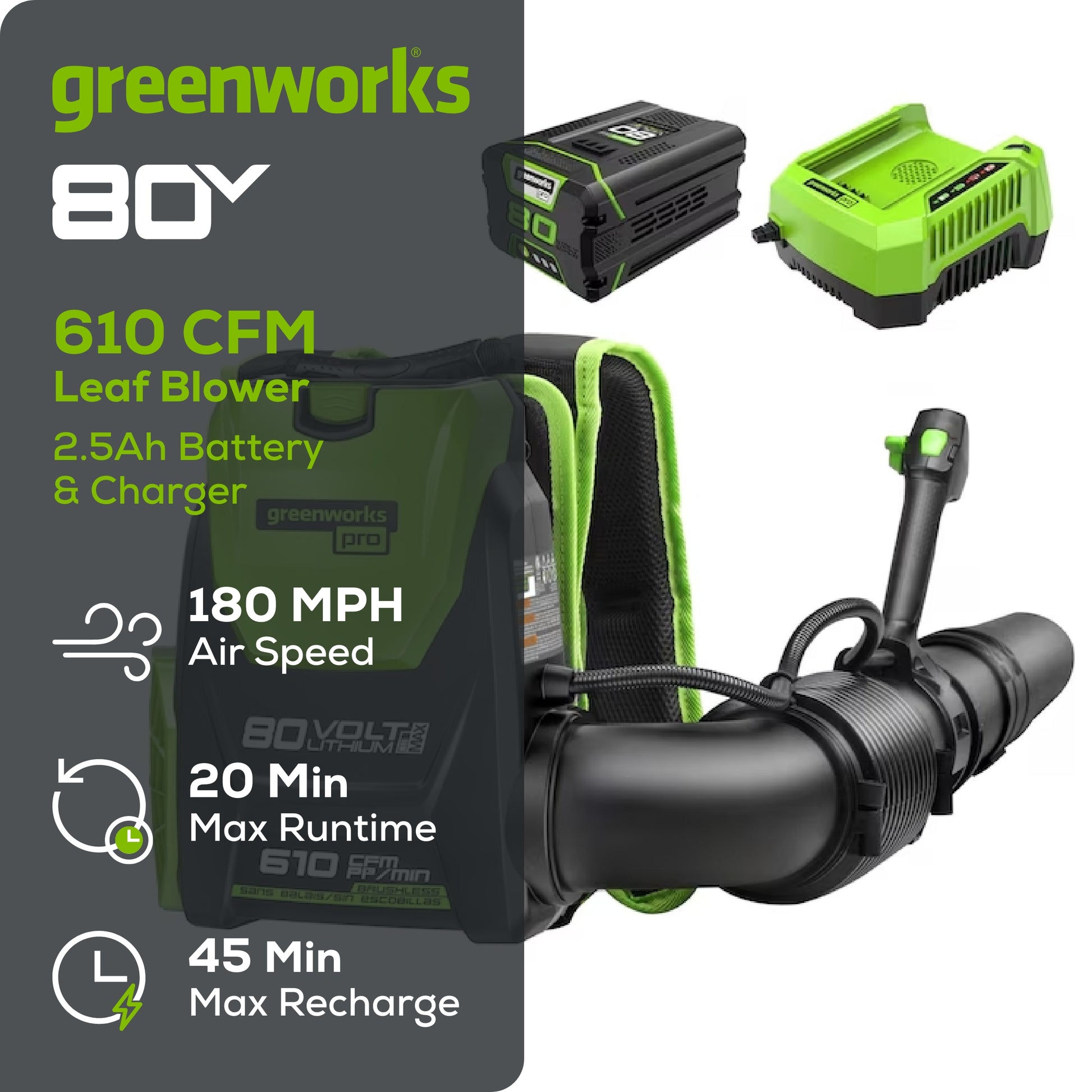 80V 580 CFM Brushless Backpack Blower w/ 2.5Ah Battery & Charger