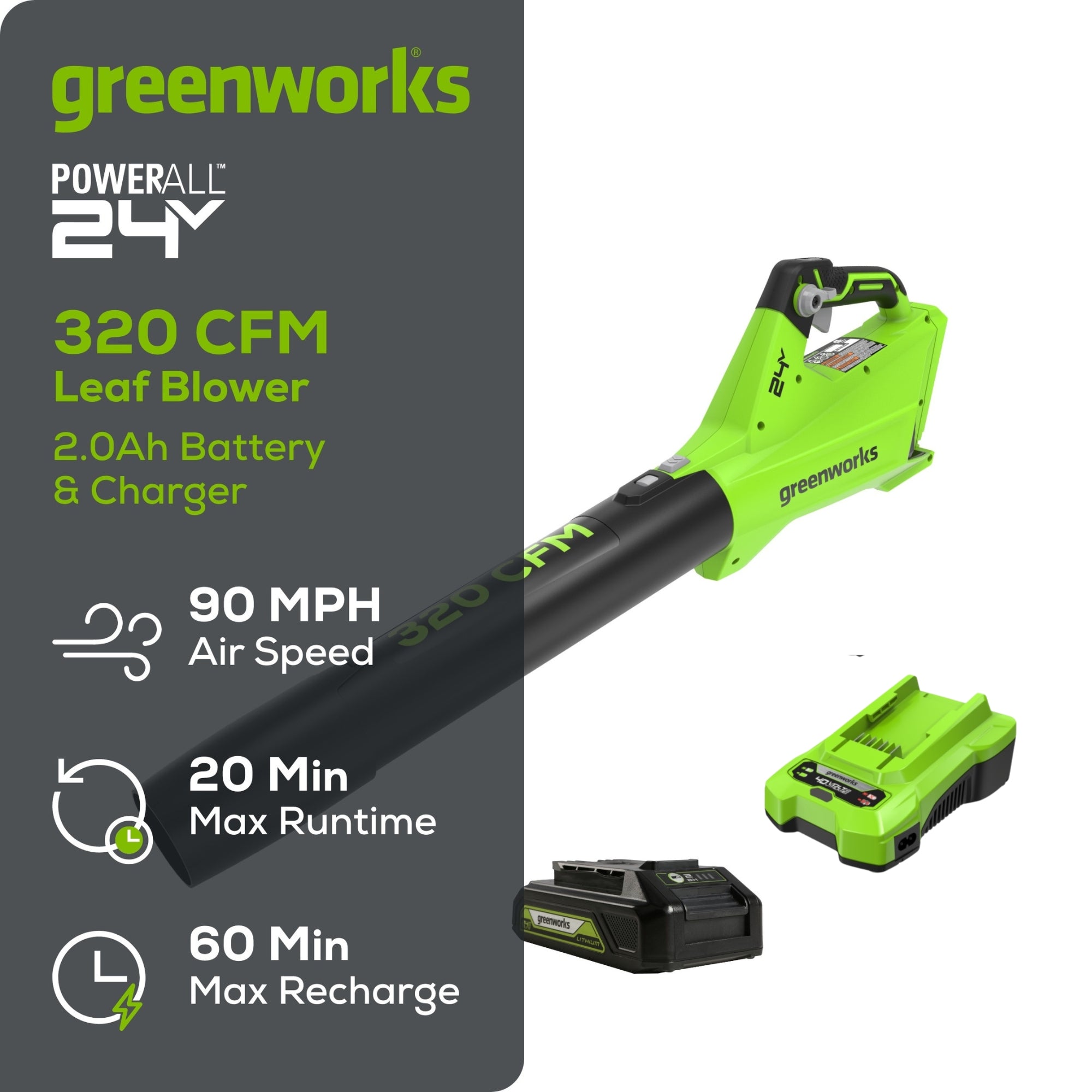 24V 320 CFM Cordless Battery Leaf Blower w/ 2.0 Ah Battery & Charger