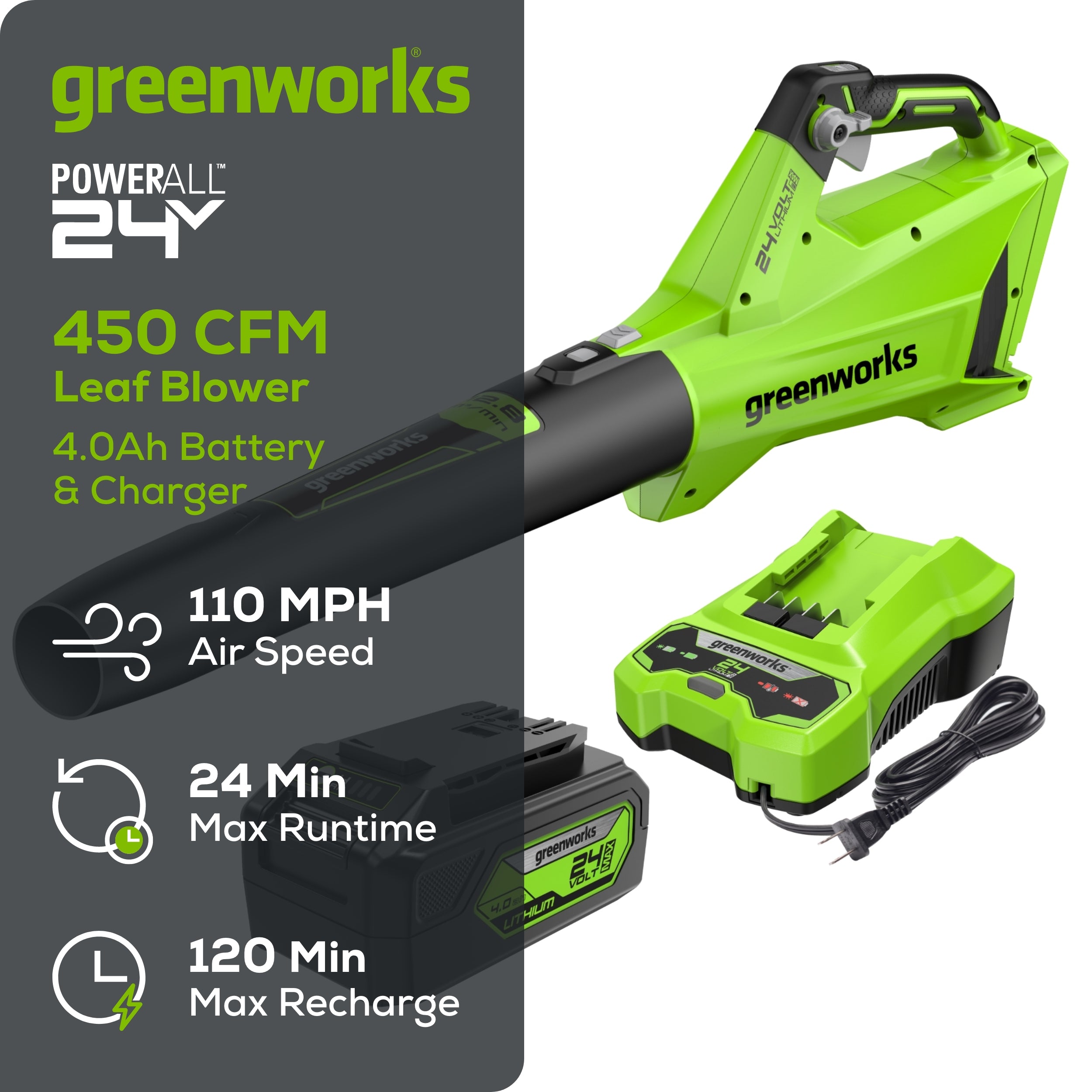 24V 450 CFM Cordless Battery Leaf Blower w/ 4.0 Ah USB Battery & Charger