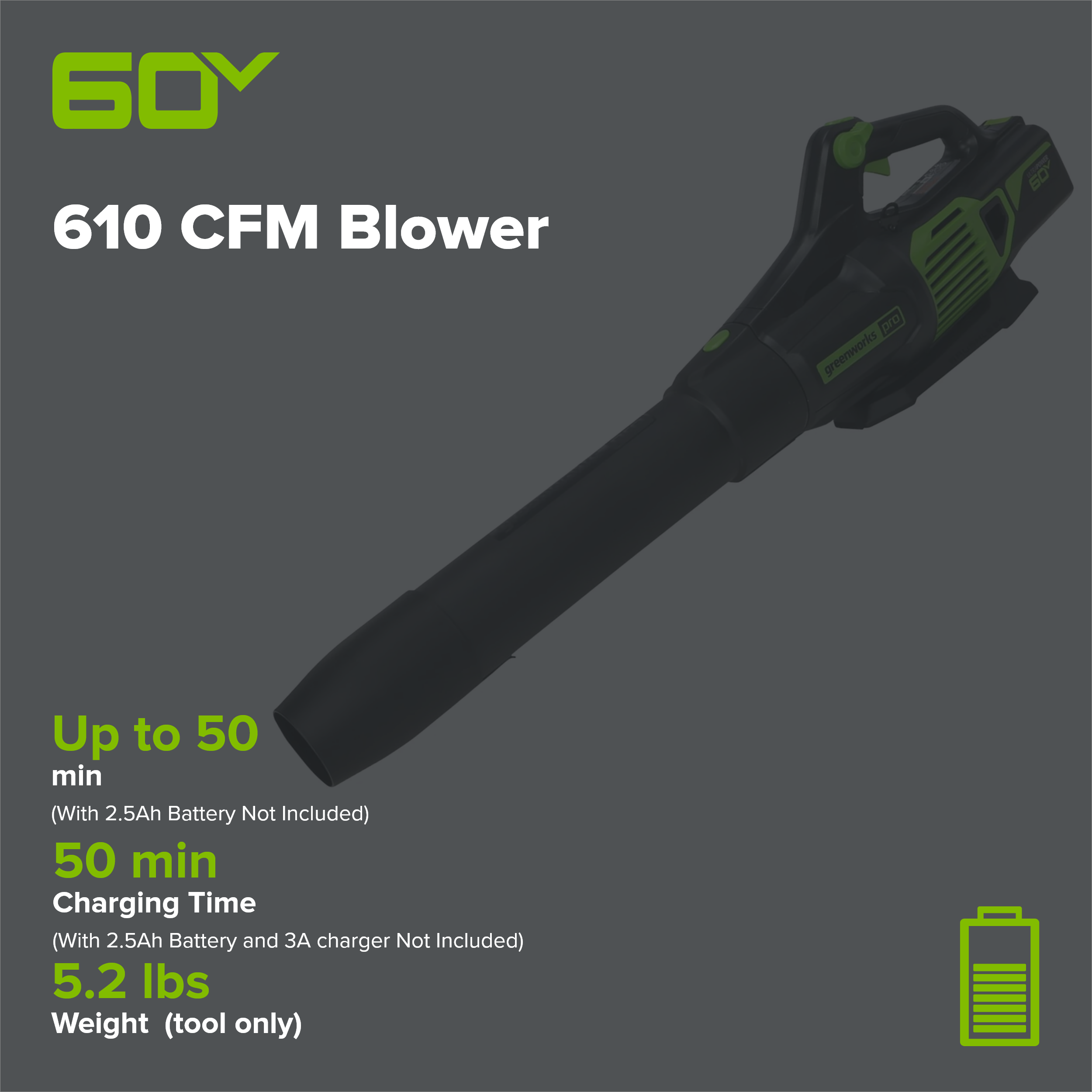 60V 610 CFM Cordless Battery Leaf Blower (Tool Only)