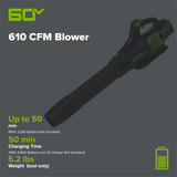 60V 610 CFM Cordless Battery Leaf Blower (Tool Only)