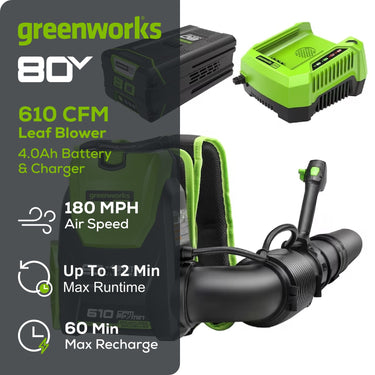 80V 610 CFM Cordless Battery Single Port Backpack Blower w/ (1) 4.0Ah Battery & Charger