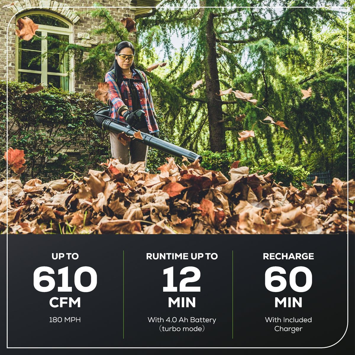 80V 610 CFM Cordless Battery Single Port Backpack Blower, (1) 4.0 Ah Battery and Charger