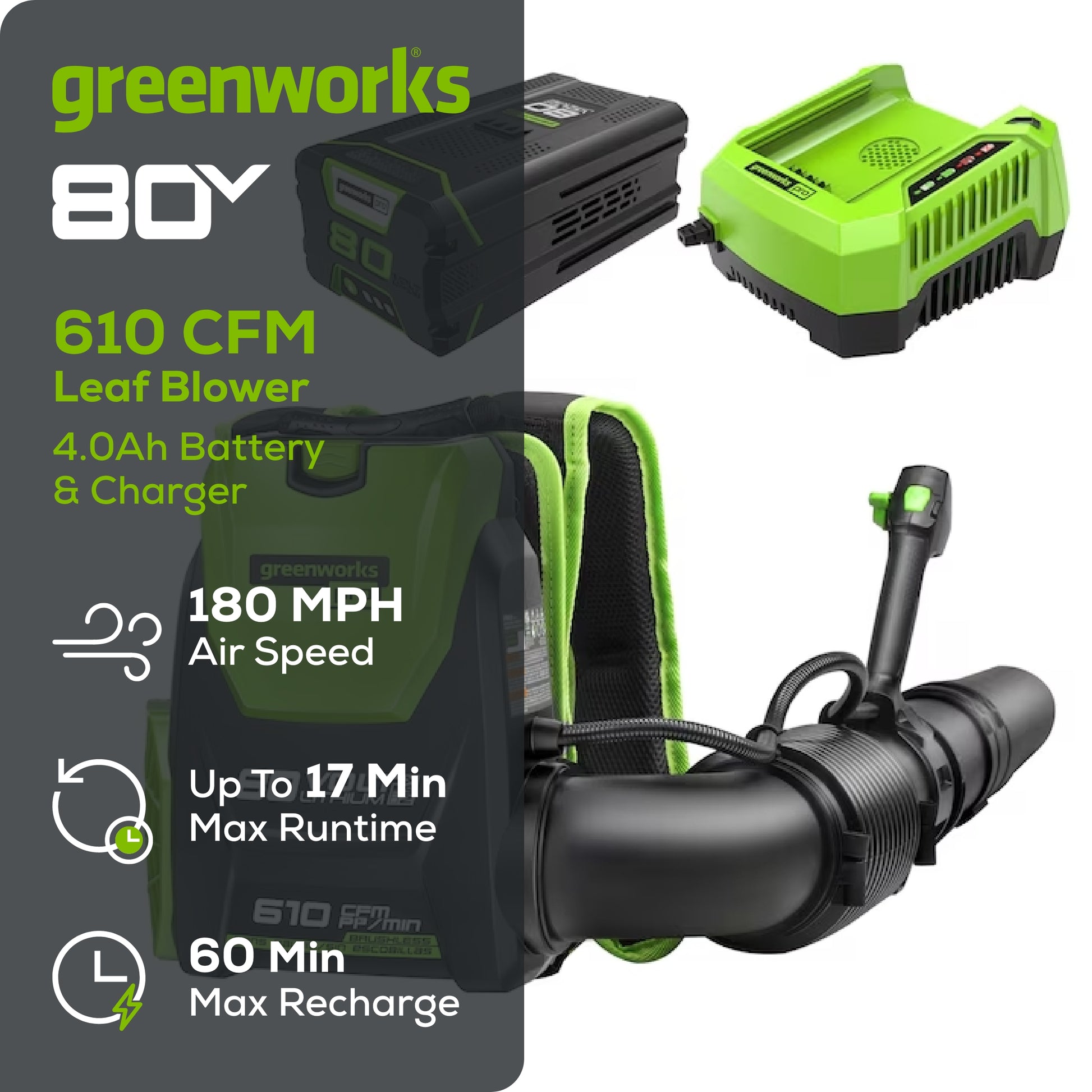 80V 610 CFM Cordless Battery Single Port Backpack Blower w/ (1) 4.0Ah Battery & Charger