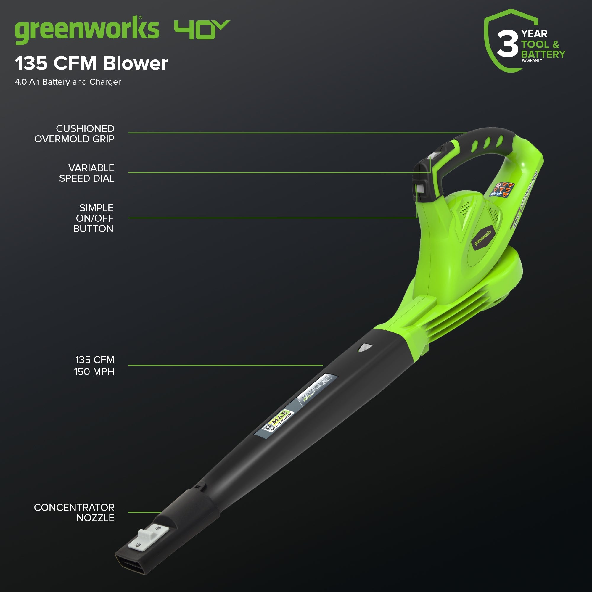 40V 135 CFM Cordless Battery Leaf Blower w/ 4.0Ah Battery & Charger