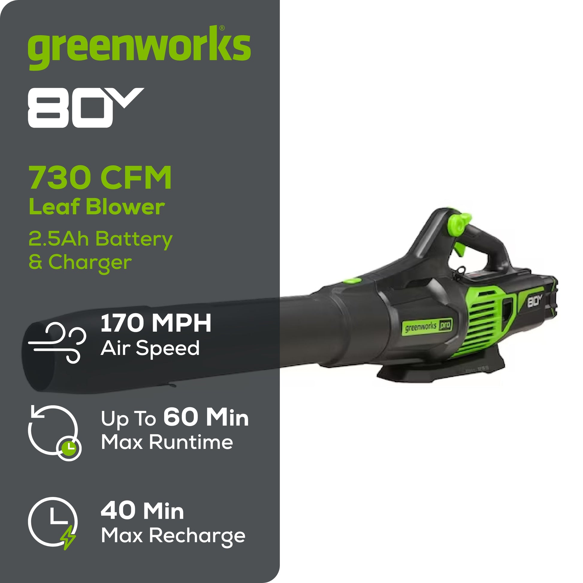 RENEWED 80V 730 CFM Cordless Battery Leaf Blower w/ 2.5Ah Battery & Rapid Charger