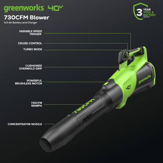 40V 730 CFM Cordless Battery Leaf Blower w/ 5.0Ah Battery & 5A Charger