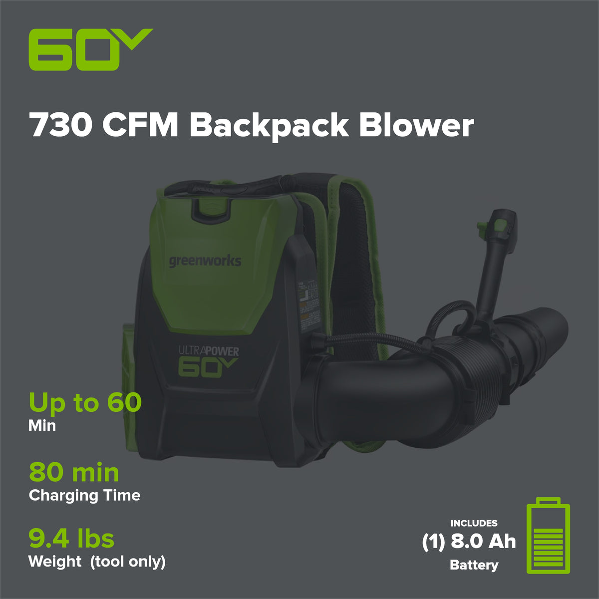 60V 730 CFM Cordless Battery Brushless Backpack Blower, 8.0 Ah Battery and Charger