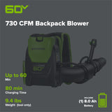 60V 730 CFM Cordless Battery Brushless Backpack Blower, 8.0 Ah Battery and Charger
