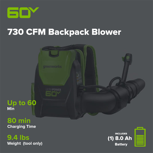 60V 730 CFM Cordless Battery Brushless Backpack Blower, 8.0 Ah Battery and Charger