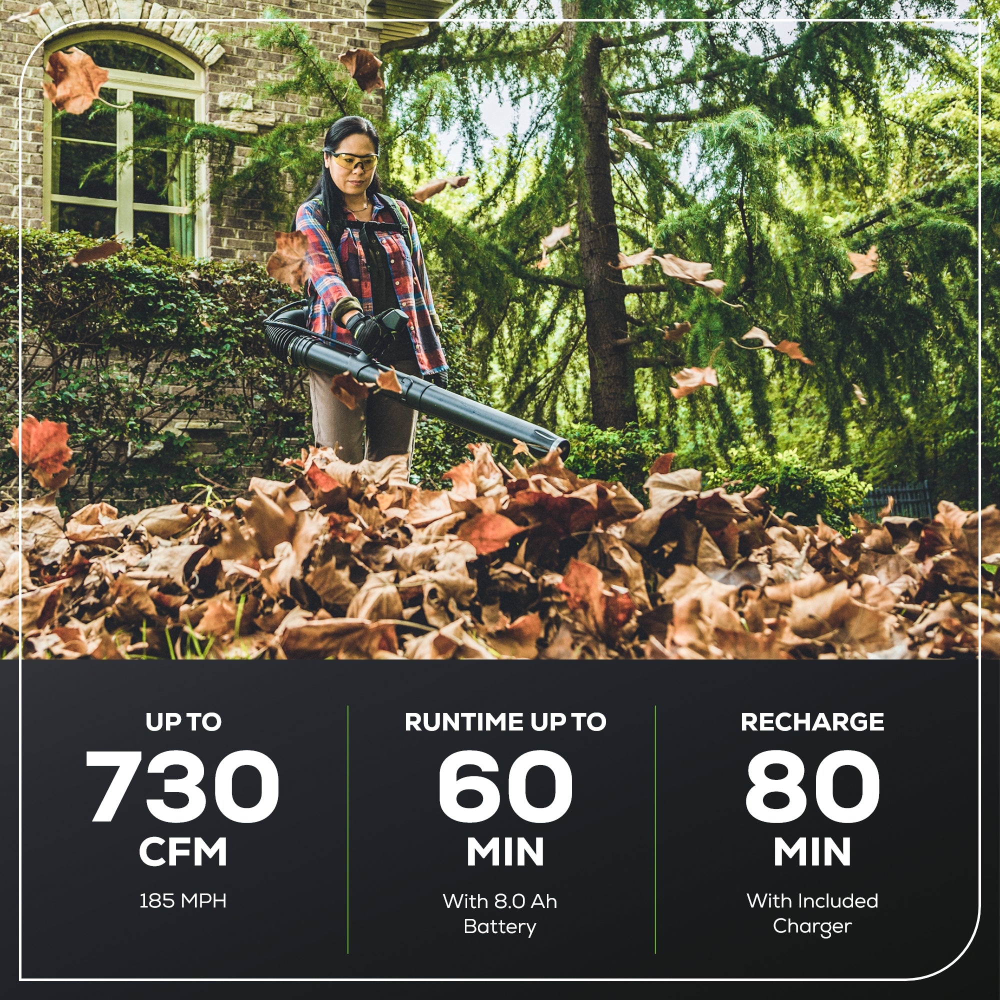 60V 730 CFM Cordless Battery Brushless Backpack Blower w/ 8.0Ah Battery & Charger