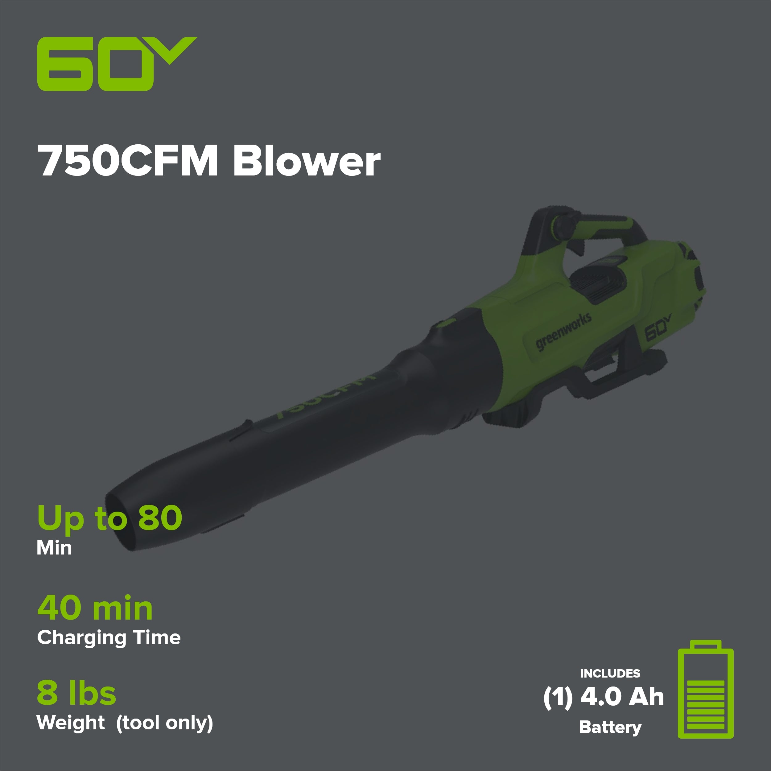 60V 750CFM Cordless Battery Blower w/ 4Ah HC Battery and 6A Charger