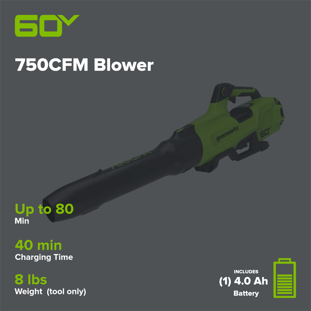 60V 750CFM Cordless Battery Blower w/ 4Ah HC Battery and 6A Charger